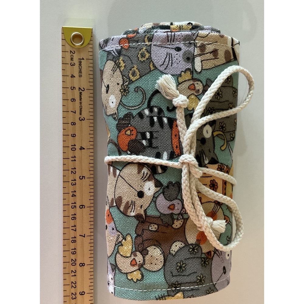 Cat Print Canvas Roll Up Pencil Case‎ Crochet Hook Organizer Teal 72 Slot Pouch - Picture 3 of 7